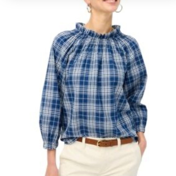 J. Crew NWT Navy Plaid Ruffle Blouse - Picture 2 of 8